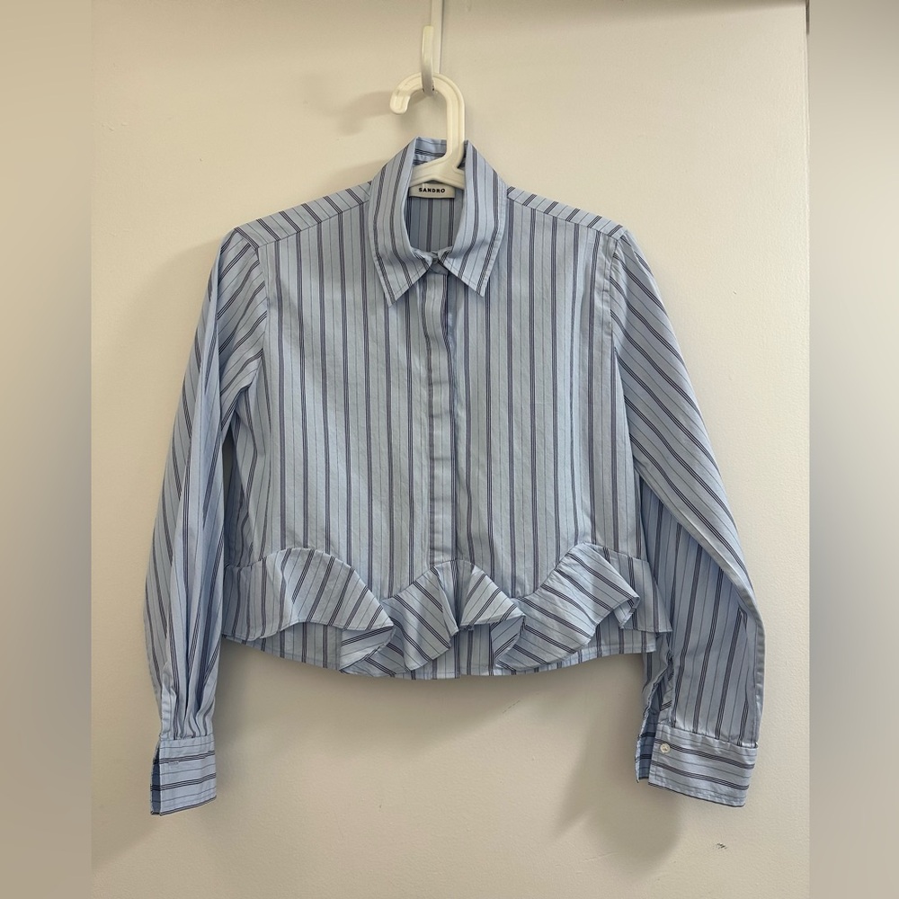 Sandro Light Blue Striped Ruffle Blouse - Picture 6 of 7